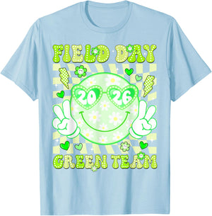 Field Day Green Team 2026 Smile Face Sunglasses Kids Teacher T-Shirt - T-Shirt | Light Blue