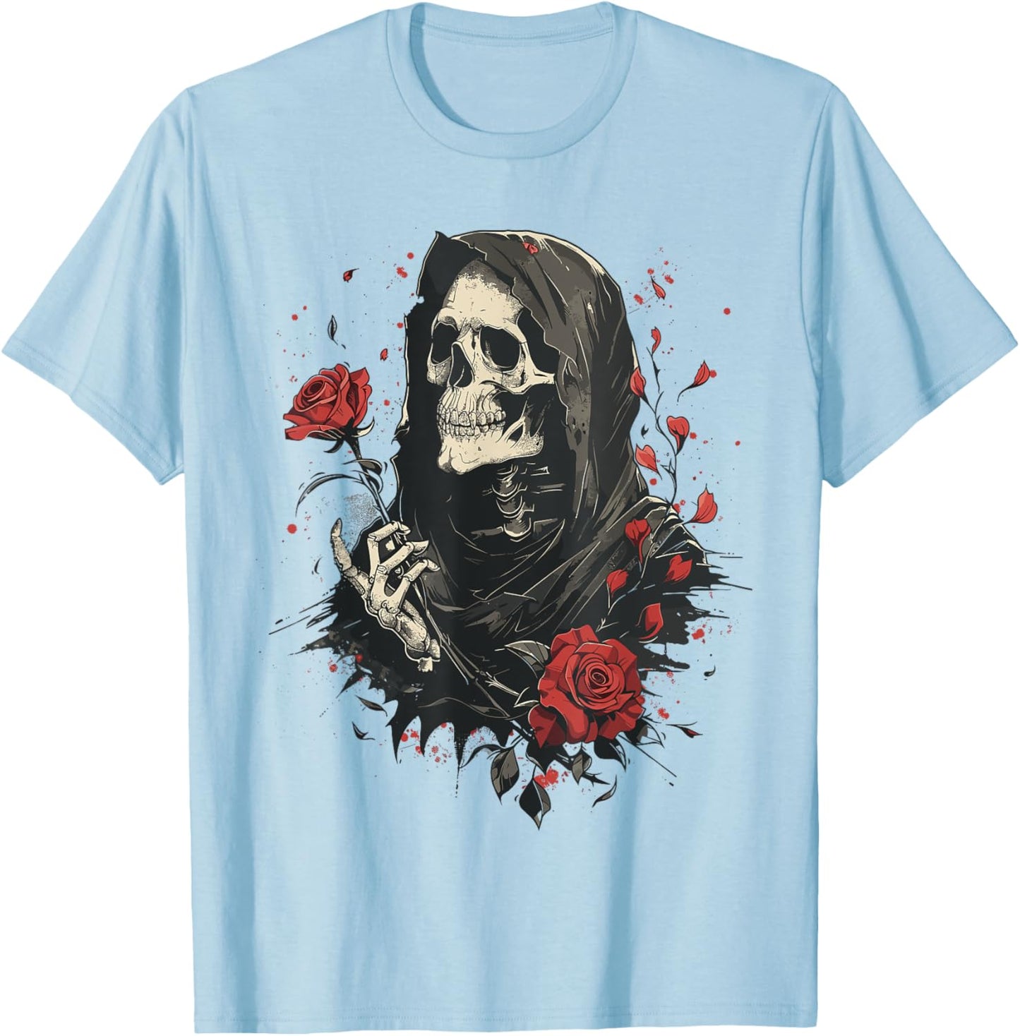 Gothic Skeleton holding a Rose, Vintage Floral Halloween T-Shirt - T-Shirt | Light Blue
