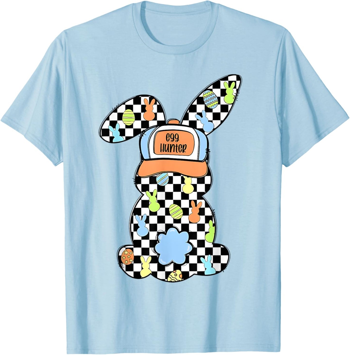 Checkered Bunny Easter Day Coquette Bows Rabbit Happy Easter T-Shirt - T-Shirt | Light Blue