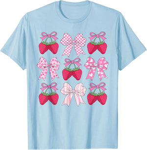 Strawberry Coquette Bow Aesthetic Strawberries Fruit Season T-Shirt - T-Shirt | Light Blue