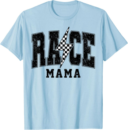 Retro Race Mama Checkered Lightning Car Racing Vibe Matching T-Shirt - T-Shirt | Light Blue