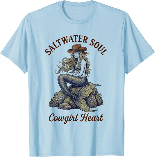 Saltwater Soul Cowgirl Heart Mermaid Western Rodeo Country T-Shirt - T-Shirt | Light Blue