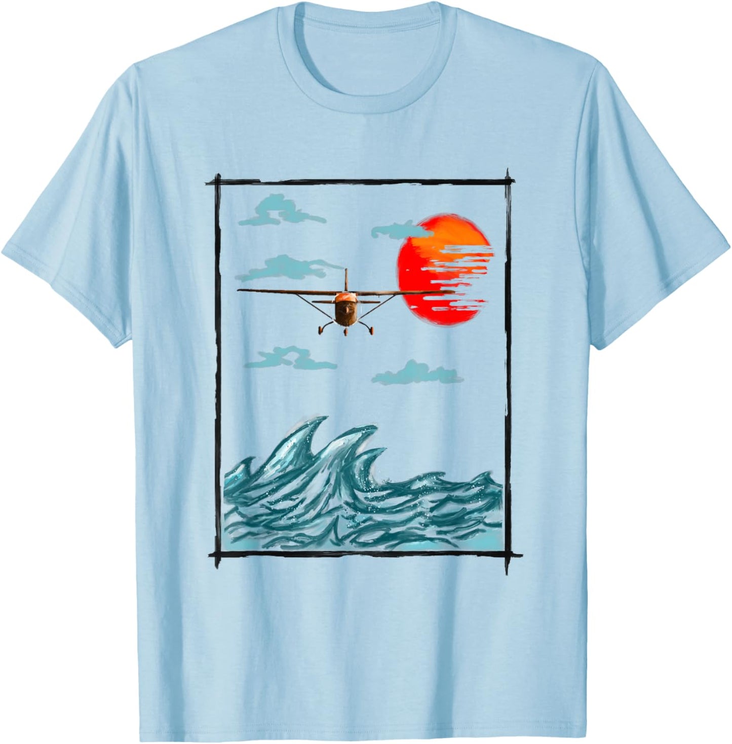 Airplane Lover Present Airplane Over Waves T-Shirt - T-Shirt | Light Blue