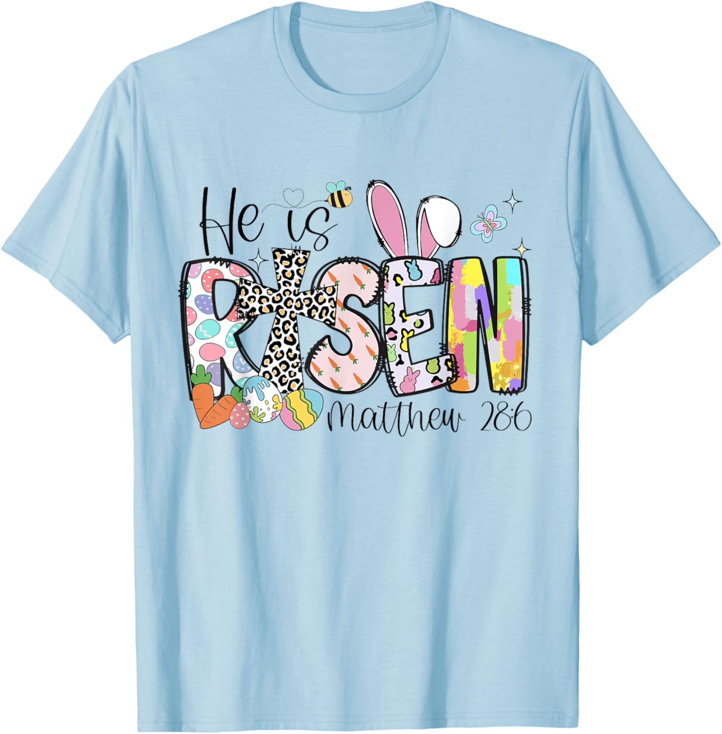 He Is Risen Easter Bunny Bible Verse Christian Cross Faith T-Shirt - T-Shirt | Light Blue