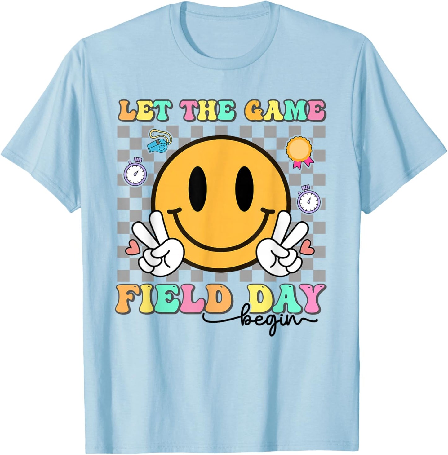 Let The Game Field Day Begin Groovy Smile Face Checkered T-Shirt - T-Shirt | Light Blue