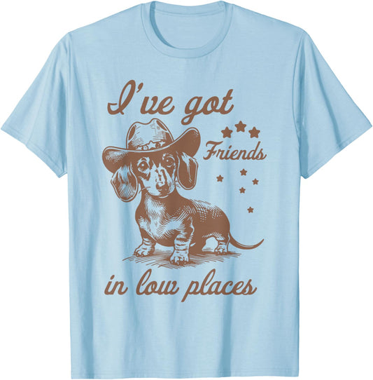 Retro I've Got Friends In Low Places Funny Dachshund Cowboy T-Shirt - T-Shirt | Light Blue