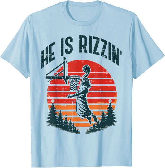 Easter He Is Rizzin Retro Basketball Religious Men Boys Kids T-Shirt - T-Shirt | Light Blue