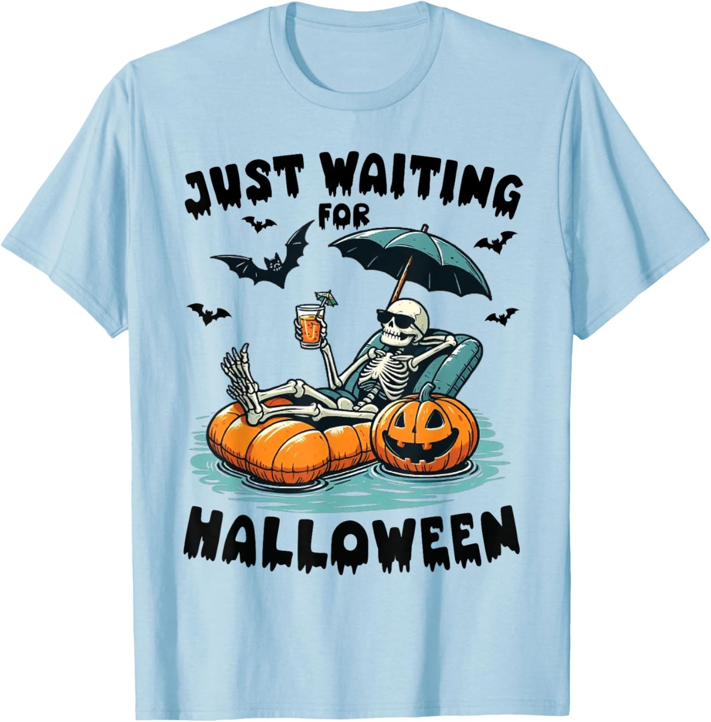 Funny Just Waiting For Halloween Skeleton Spooky Vibe Summer T-Shirt - T-Shirt | Light Blue