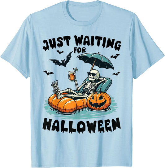 Funny Just Waiting For Halloween Skeleton Spooky Vibe Summer T-Shirt - T-Shirt | Light Blue