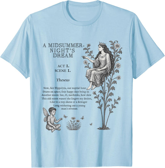Shakespeare's Midsummer Night Dream Classic Comedy Graphic T-Shirt - T-Shirt | Light Blue