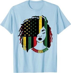 Juneteenth Black Women Girl Afro African Americans Flag T-Shirt - T-Shirt | Light Blue