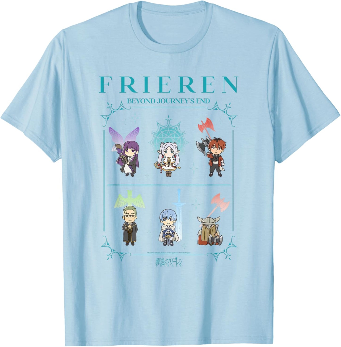 Frieren Chibi Character Chart with Ornate Frame Anime T-Shirt - T-Shirt | Light Blue
