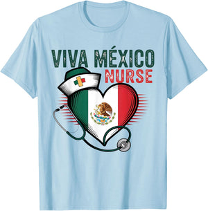 Viva Mexico Nurse Independence Day Mexican Nursing Heart T-Shirt - T-Shirt | Light Blue