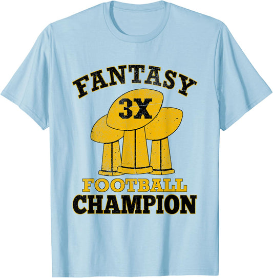 Fantasy Football 3X Champion Three Time Champ Trophy Winner T-Shirt - T-Shirt | Light Blue