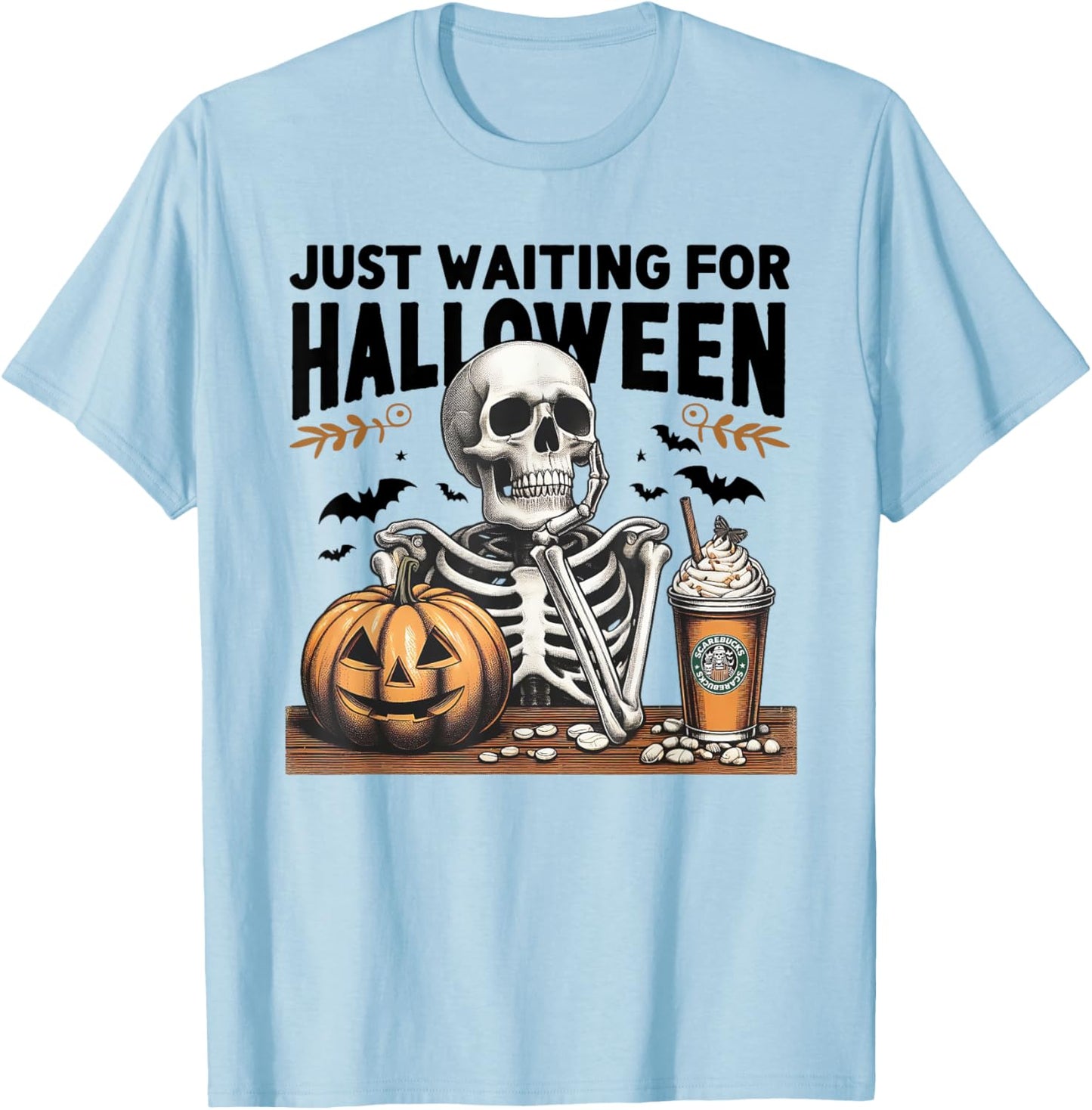 Just Waiting For Halloween Skeleton Ice Coffee Pumpkin T-Shirt - T-Shirt | Light Blue