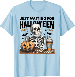 Just Waiting For Halloween Skeleton Ice Coffee Pumpkin T-Shirt - T-Shirt | Light Blue