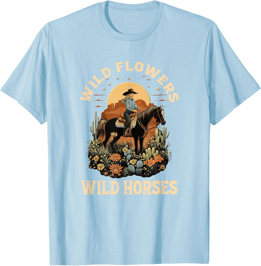 Western Sunset Cowgirl Riding Horse Wild Flowers Wild Horses T-Shirt - T-Shirt | Light Blue