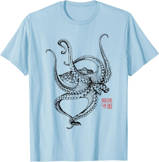 Japanische ästhetische Vintage Kraken Octopus T-Shirt - T-Shirt | Light Blue