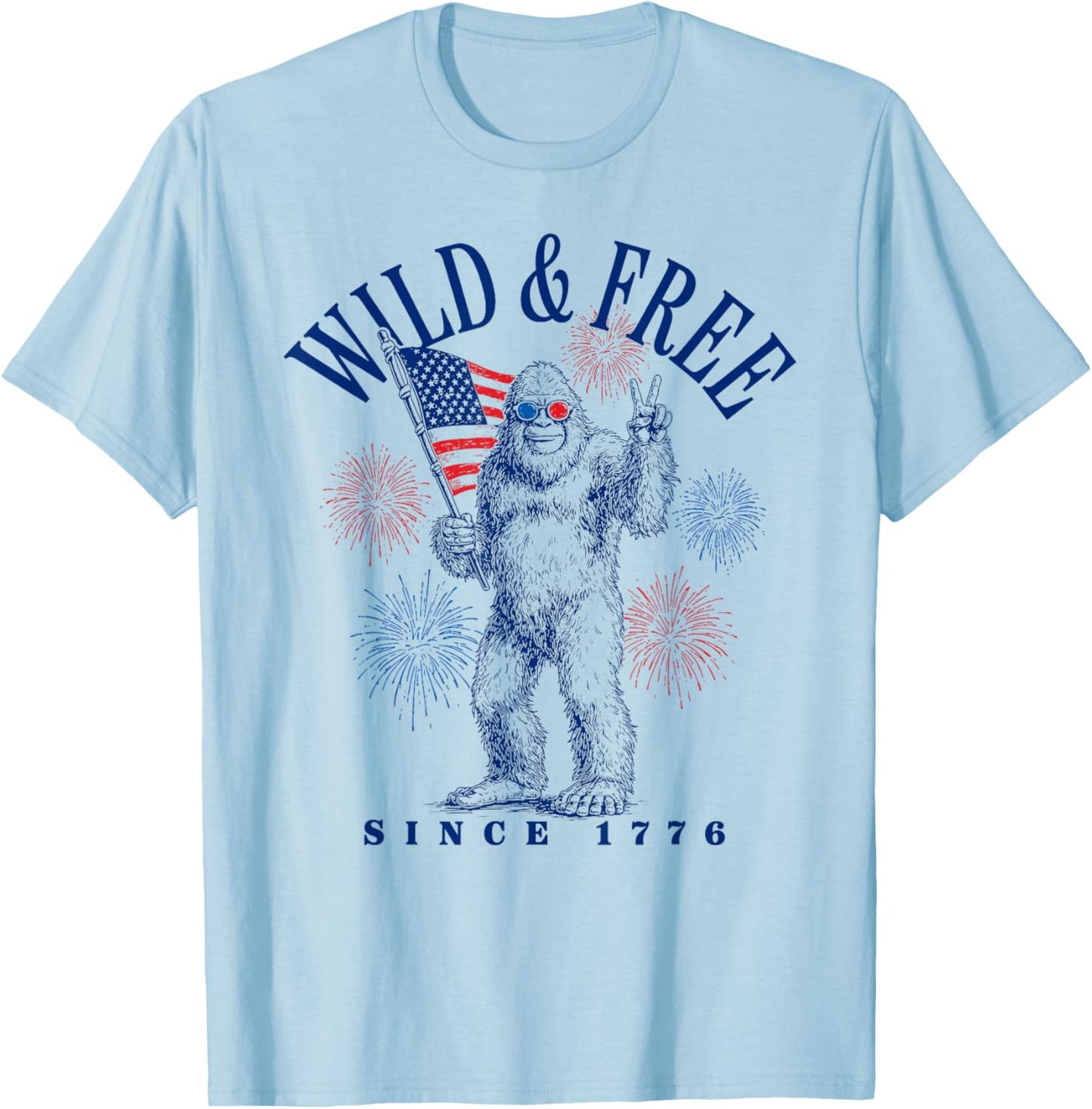 Patriotic Bigfoot Wild and Free Since 1776 T-Shirt - T-Shirt | Light Blue