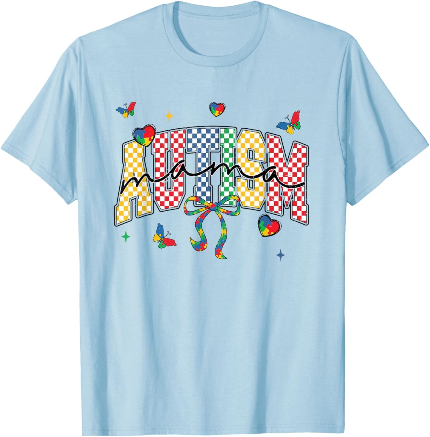 Autism Mama Checkered Coquette Mom Mommy Autism Awareness T-Shirt - T-Shirt | Light Blue