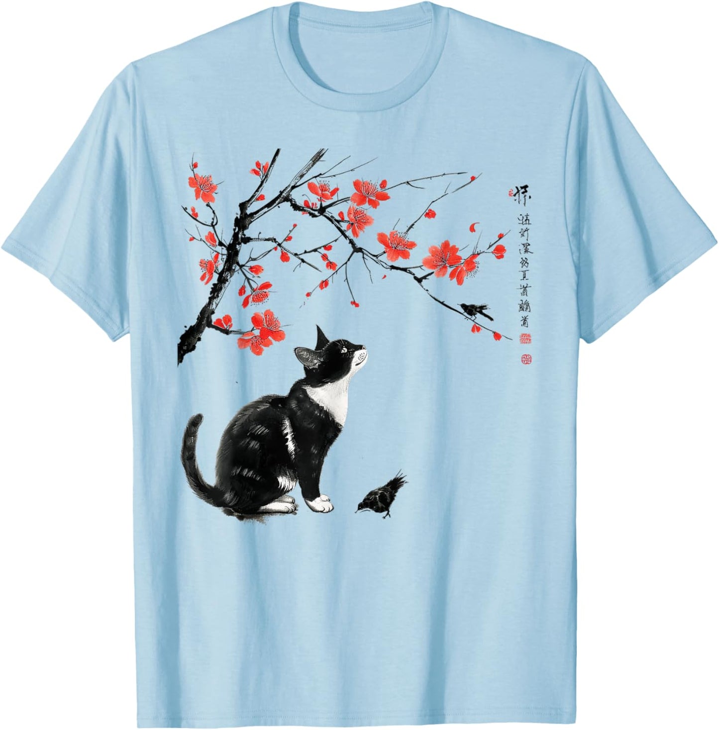 Japanese Nature art: Cat and bird with Cherry Blossom tree Men Women Girls Kids T-Shirt - T-Shirt | Light Blue