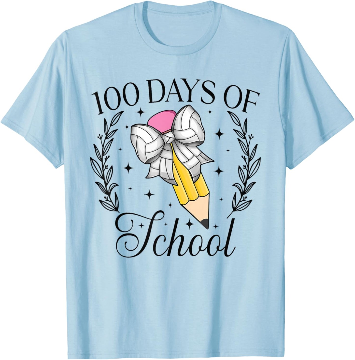 100 Days Of School Volleyball Coquette Pencil Bow 100th Day T-Shirt - T-Shirt | Light Blue