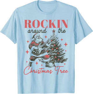 Rocking Around The Christmas Tree Santa Rock and Roll Guitar T-Shirt - T-Shirt | Light Blue
