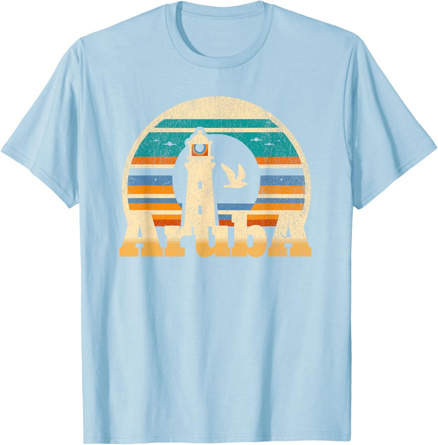 One Happy Island Aruba Shirt Retro Sunset Lighthouse Vintage T-Shirt - T-Shirt | Light Blue