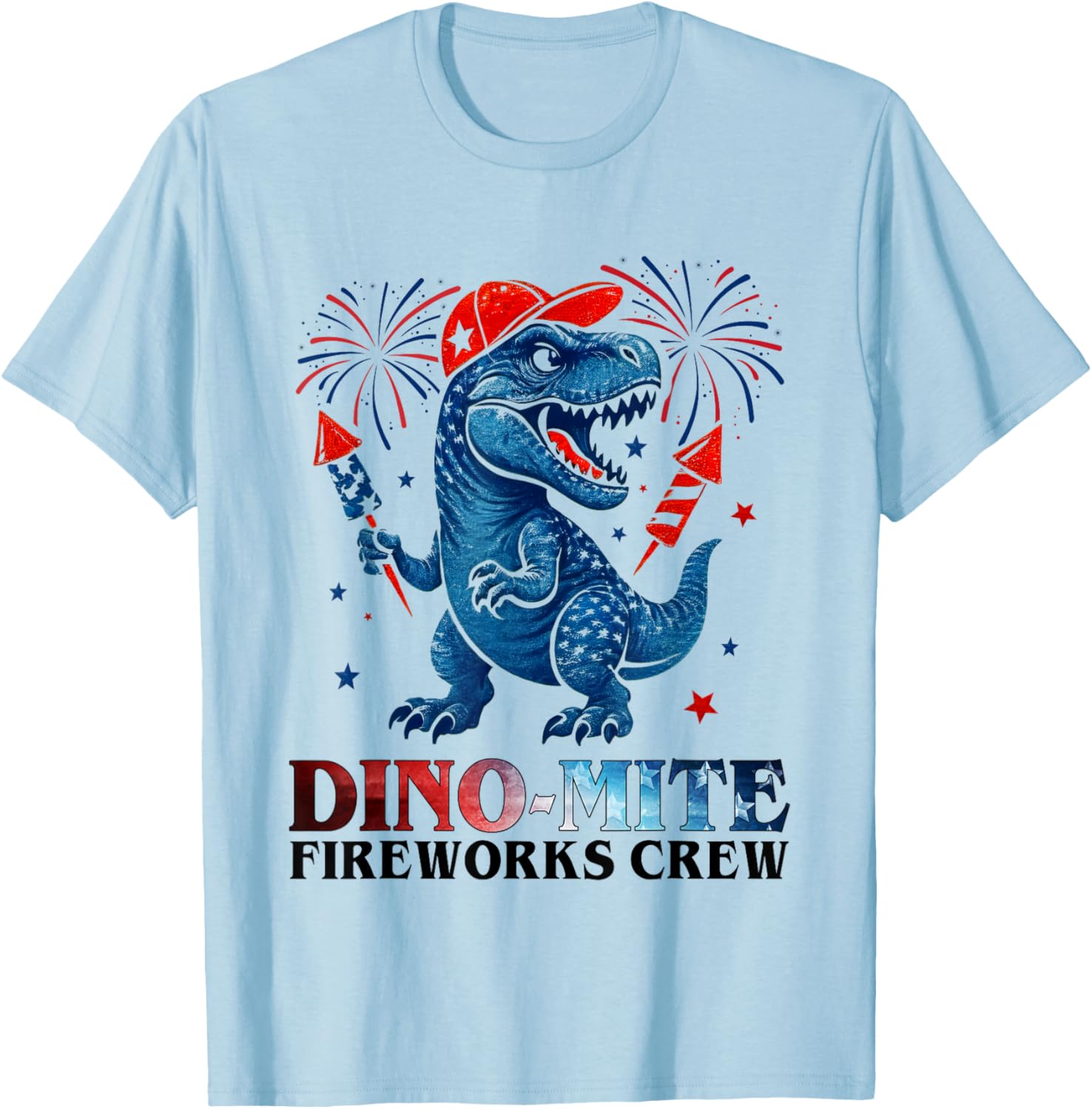Dino-Mite Fireworks Crew Dinosaur USA Flag 4th Of July Kids T-Shirt - T-Shirt | Light Blue