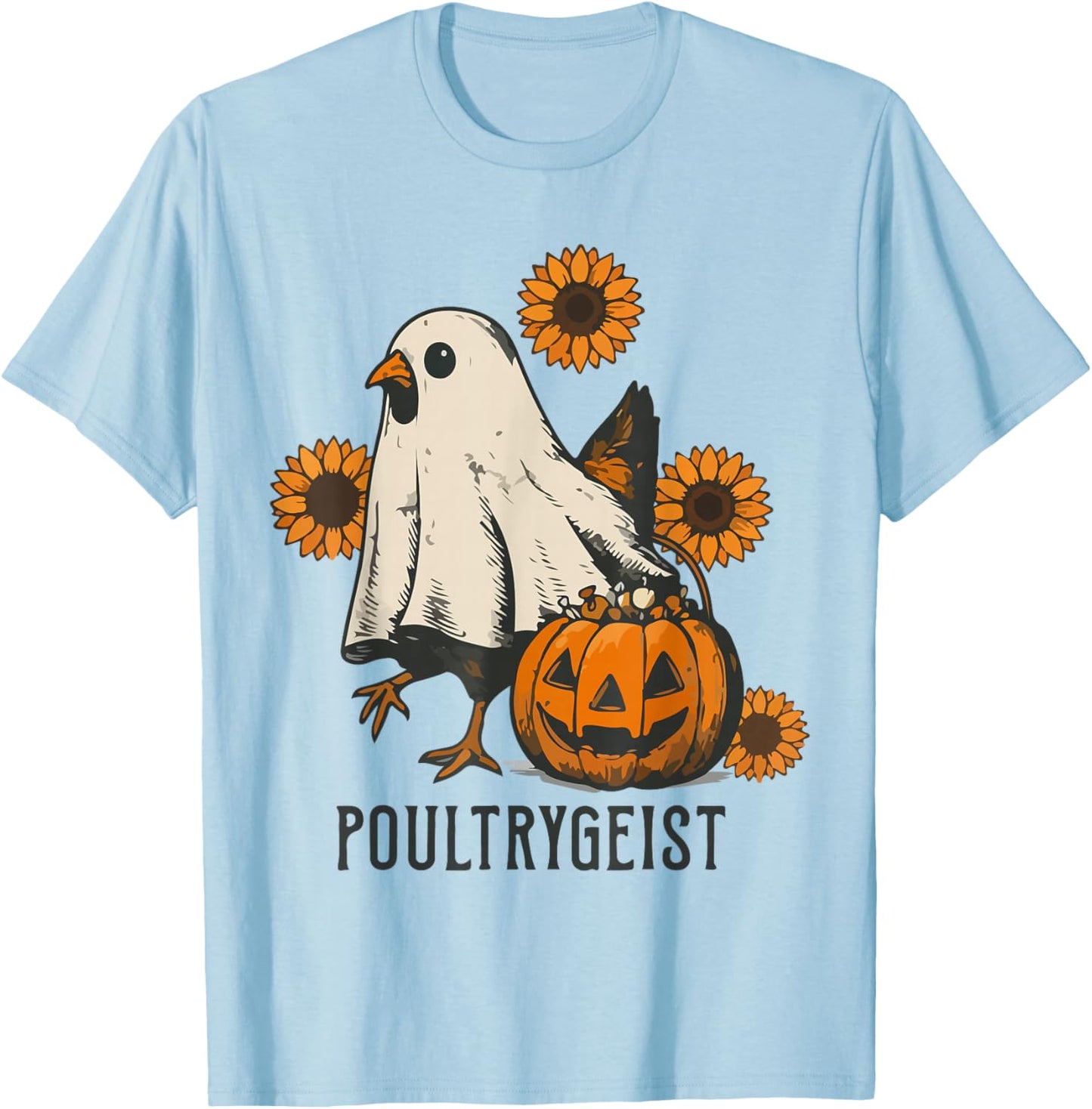 Poultrygeist Sunflower Chicken Ghost Halloween Spooky Season T-Shirt - T-Shirt | Light Blue