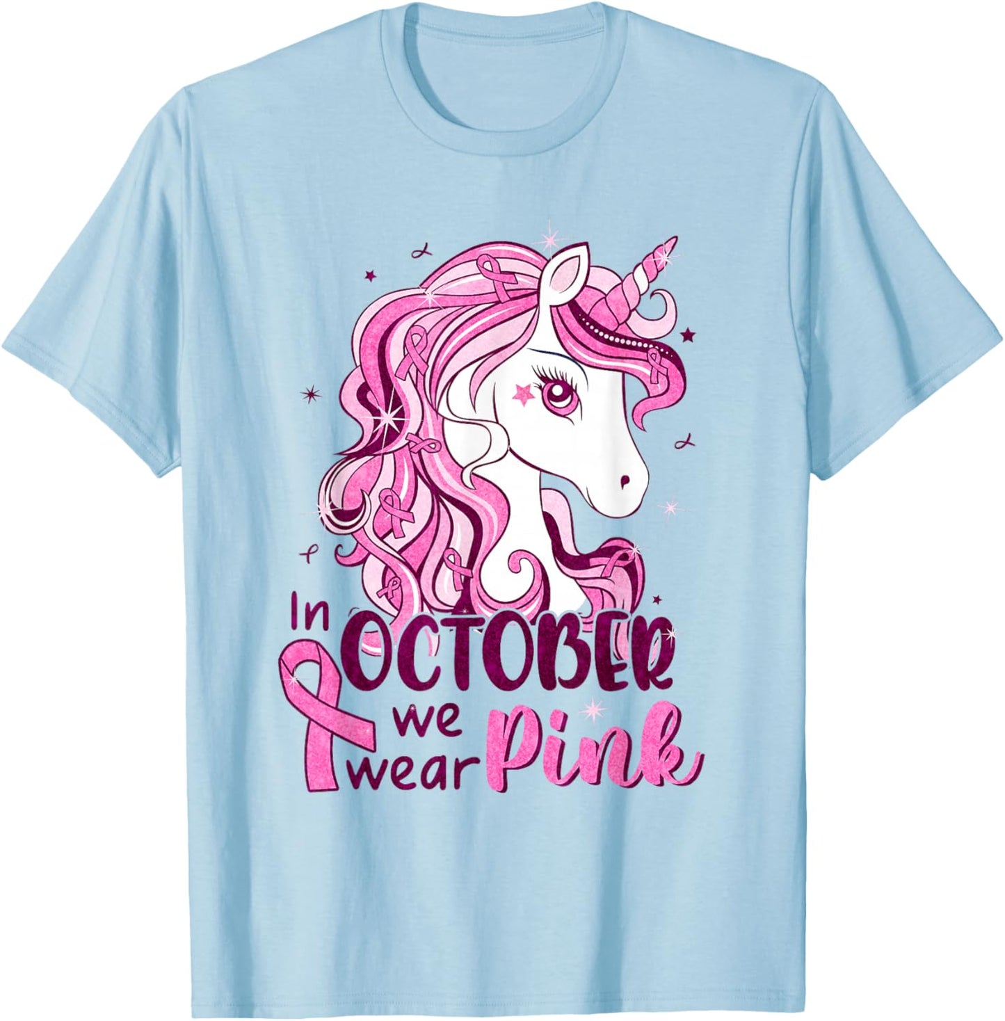 In October We Wear Pink Unicorn Breast Cancer Shirts Girls T-Shirt - T-Shirt | Light Blue