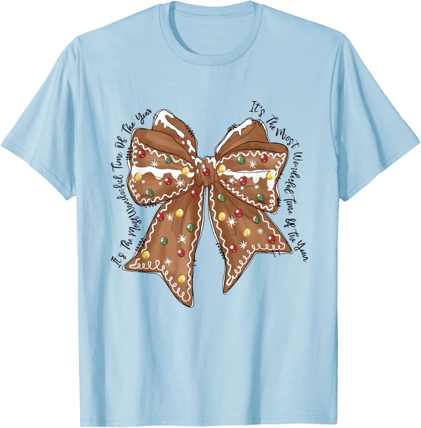 Funny Christmas Outfit Women Kids Christmas Gingerbread Coquette Bow Xmas T-Shirt - T-Shirt | Light Blue