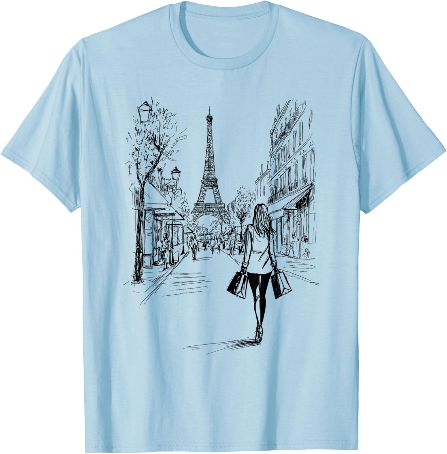 Paris Shopping Eiffel Tower Cute Girl Drawing Souvenir Art T-Shirt - T-Shirt | Light Blue