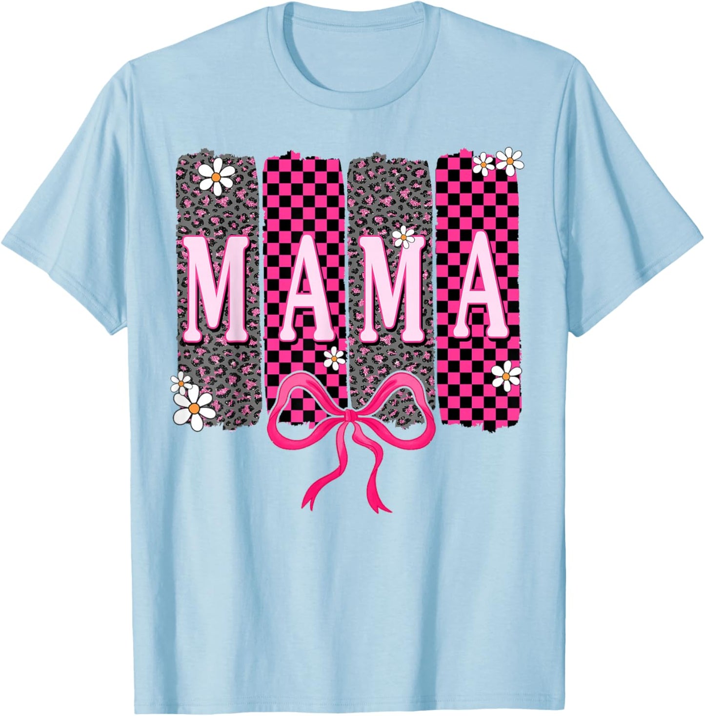 Checkered Mama Coquette Bow Mama Flower Mother's Day Leopard T-Shirt - T-Shirt | Light Blue