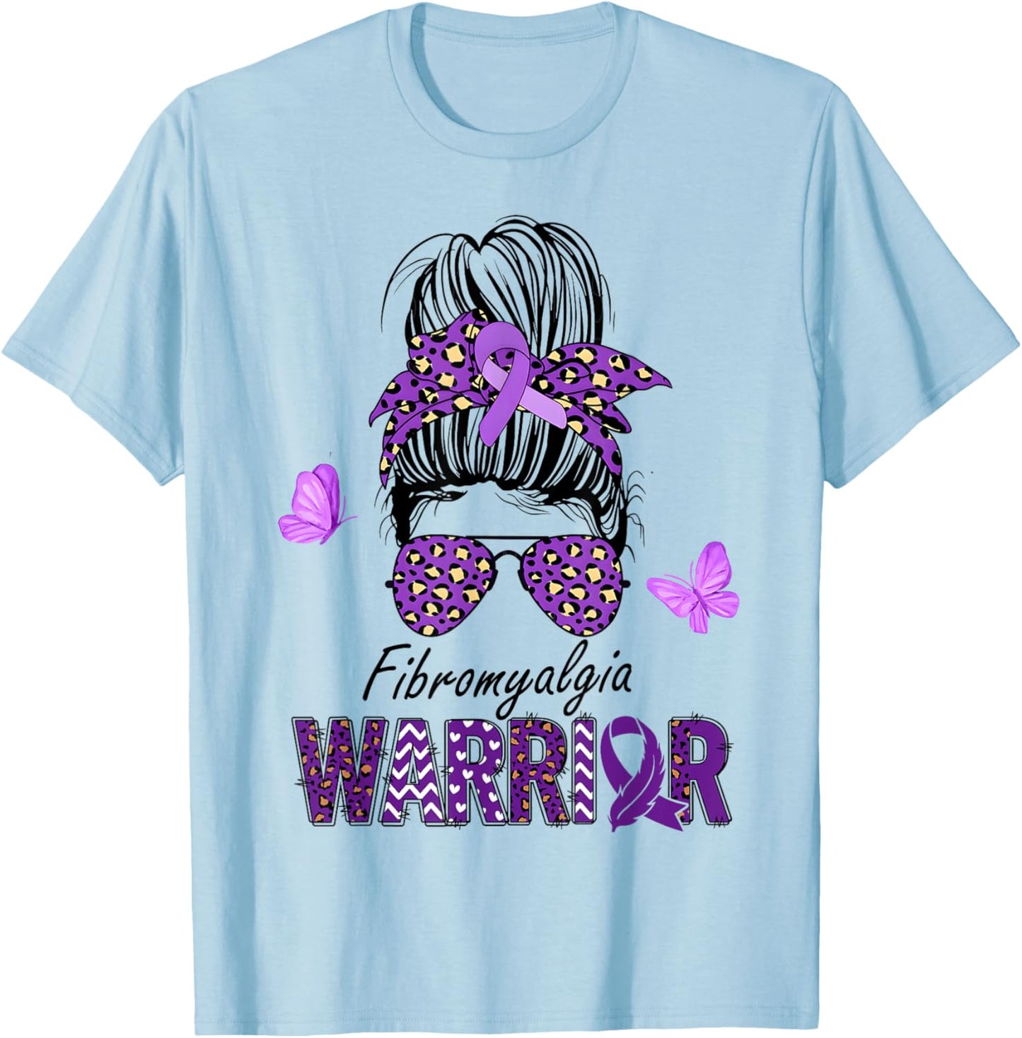 Fibromyalgia Awareness Messy Bun Purple Ribbon warrior T-Shirt - T-Shirt | Light Blue