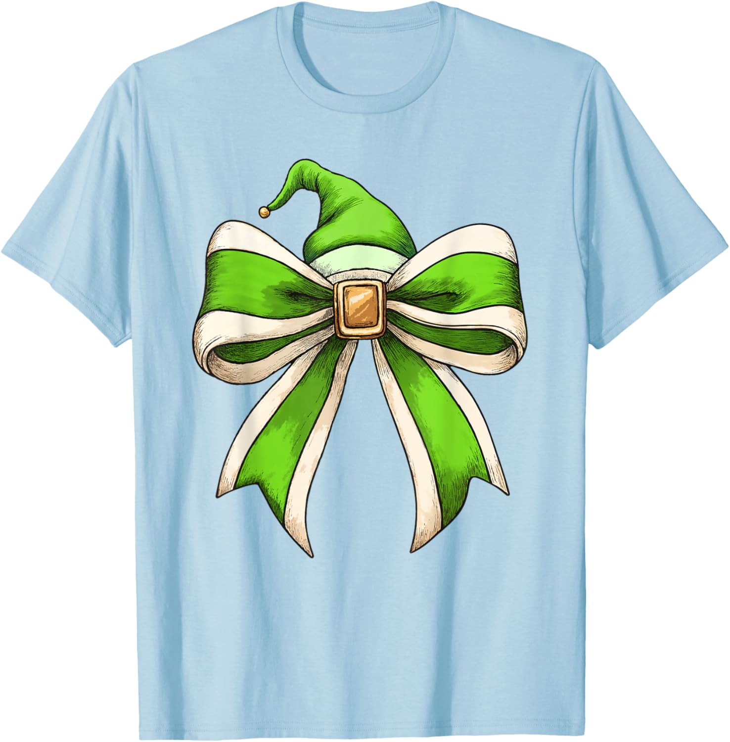 Coquette Christmas Bow Girls Women Holiday Ribbon Green Elf T-Shirt - T-Shirt | Light Blue