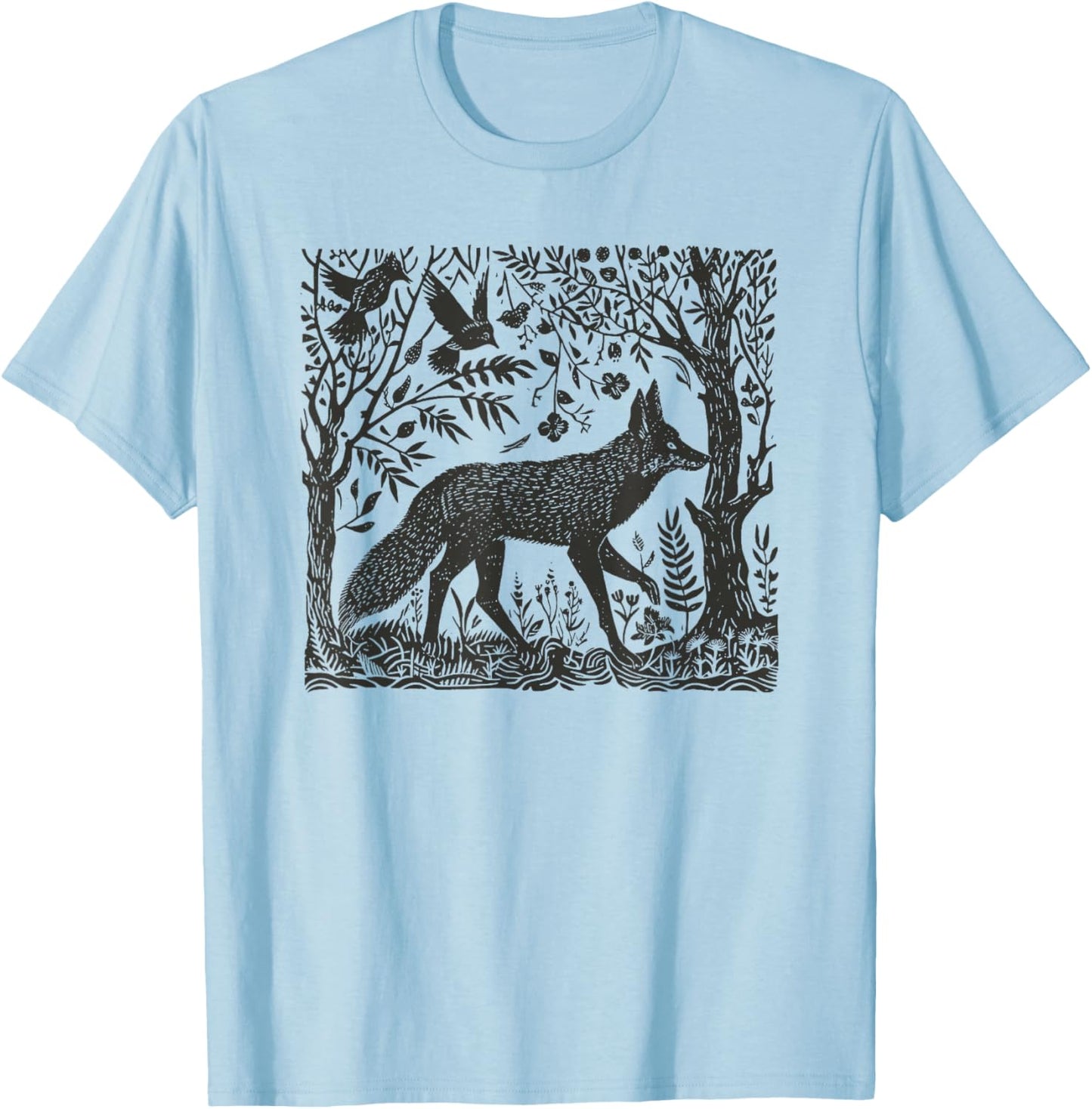 Folklore Forest Fox Lino Print T-Shirt - T-Shirt | Light Blue