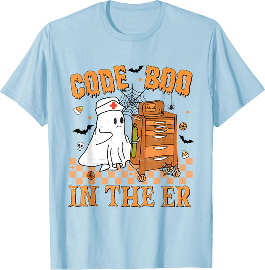 Cute Emergency Department Code Boo In The Er Nurse Halloween T-Shirt - T-Shirt | Light Blue