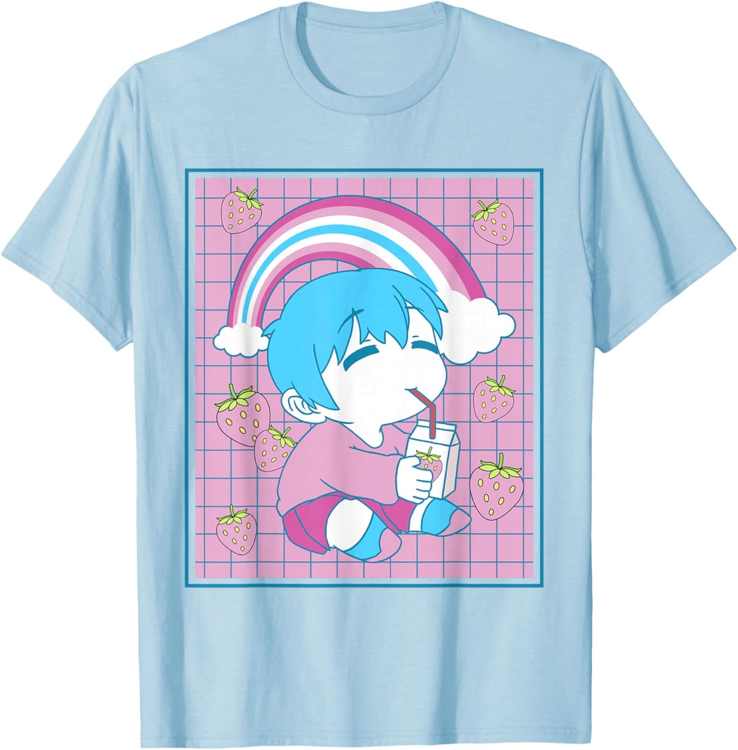 Femboy Chibi Anime Boy Drinking Japanese Strawberry Milk T-Shirt - T-Shirt | Light Blue