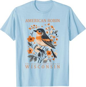 Official Wisconsin State Bird American Robin Design T-Shirt - T-Shirt | Light Blue