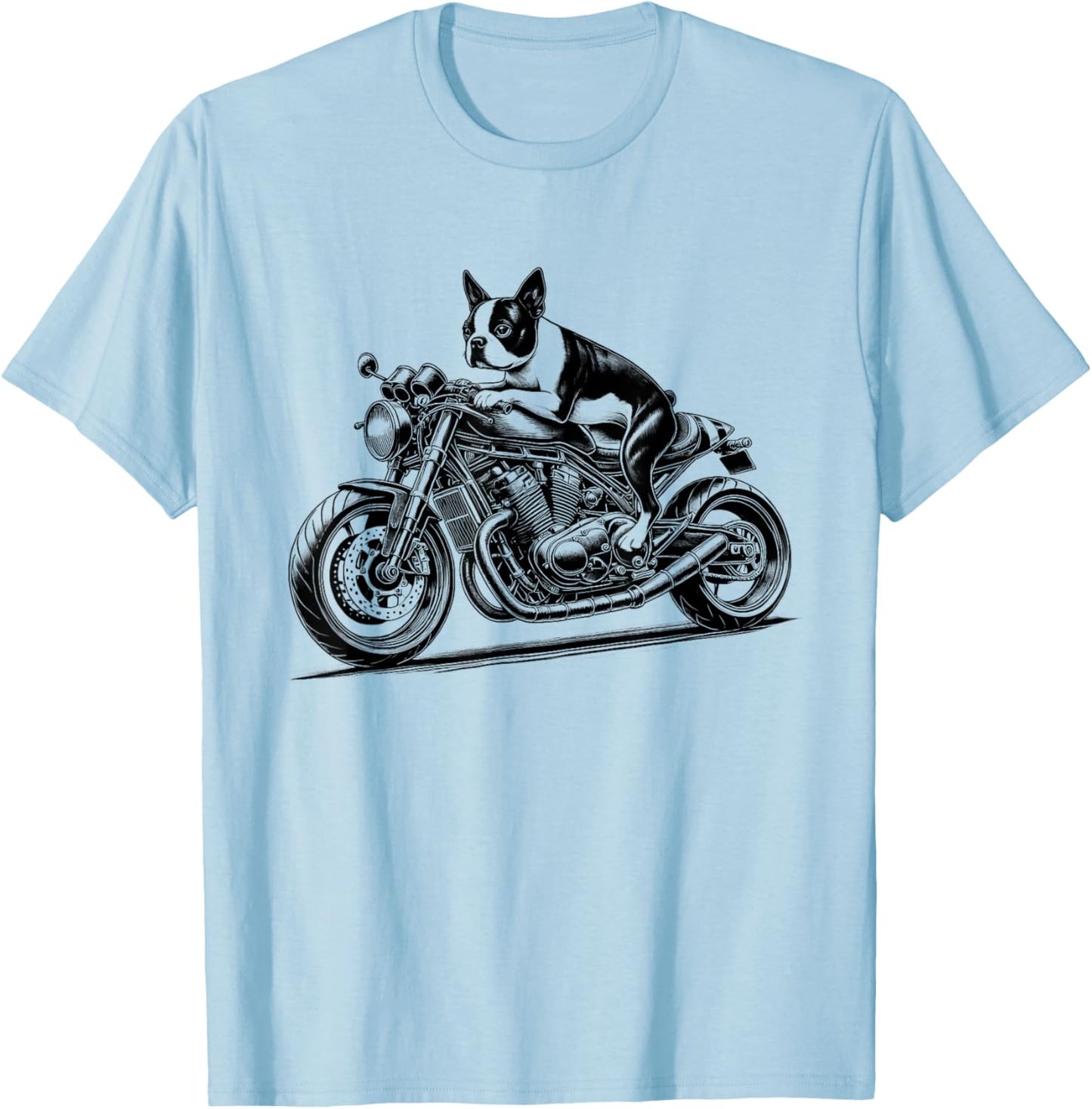 Cool Boston Terrier Riding a Motorcycle Biker Dog Lover T-Shirt - T-Shirt | Light Blue