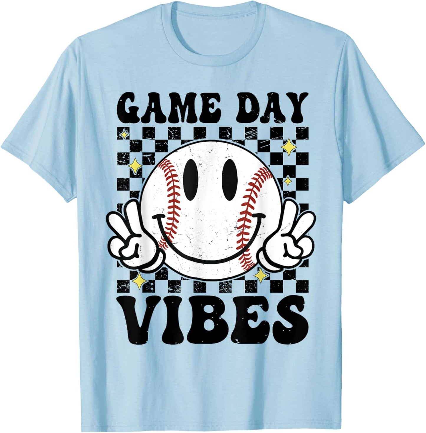 Game Day Vibes Smile Face Baseball Mama Baseball Girl T-Shirt - T-Shirt | Light Blue