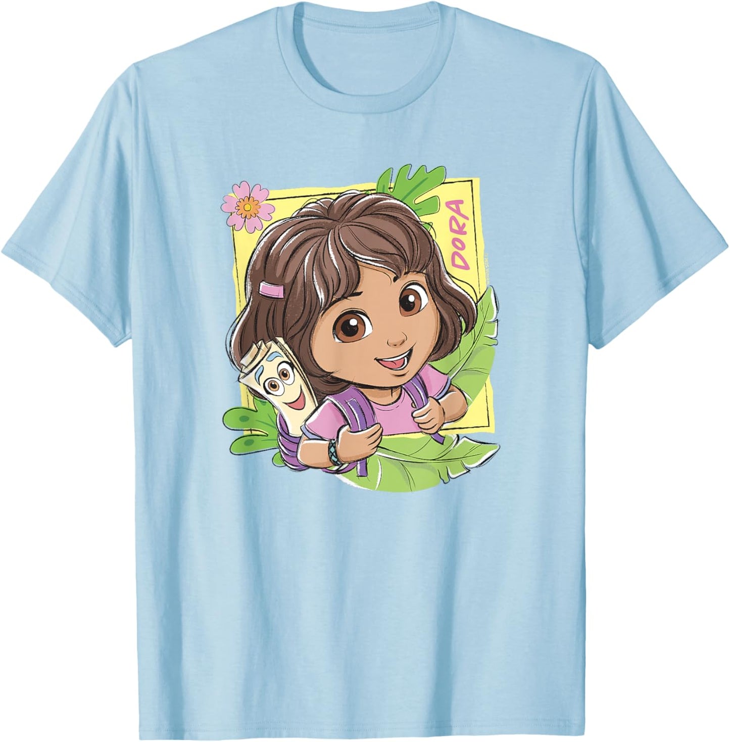 Dora (2024) Dora and Map Tropical Leaves T-Shirt - T-Shirt | Light Blue