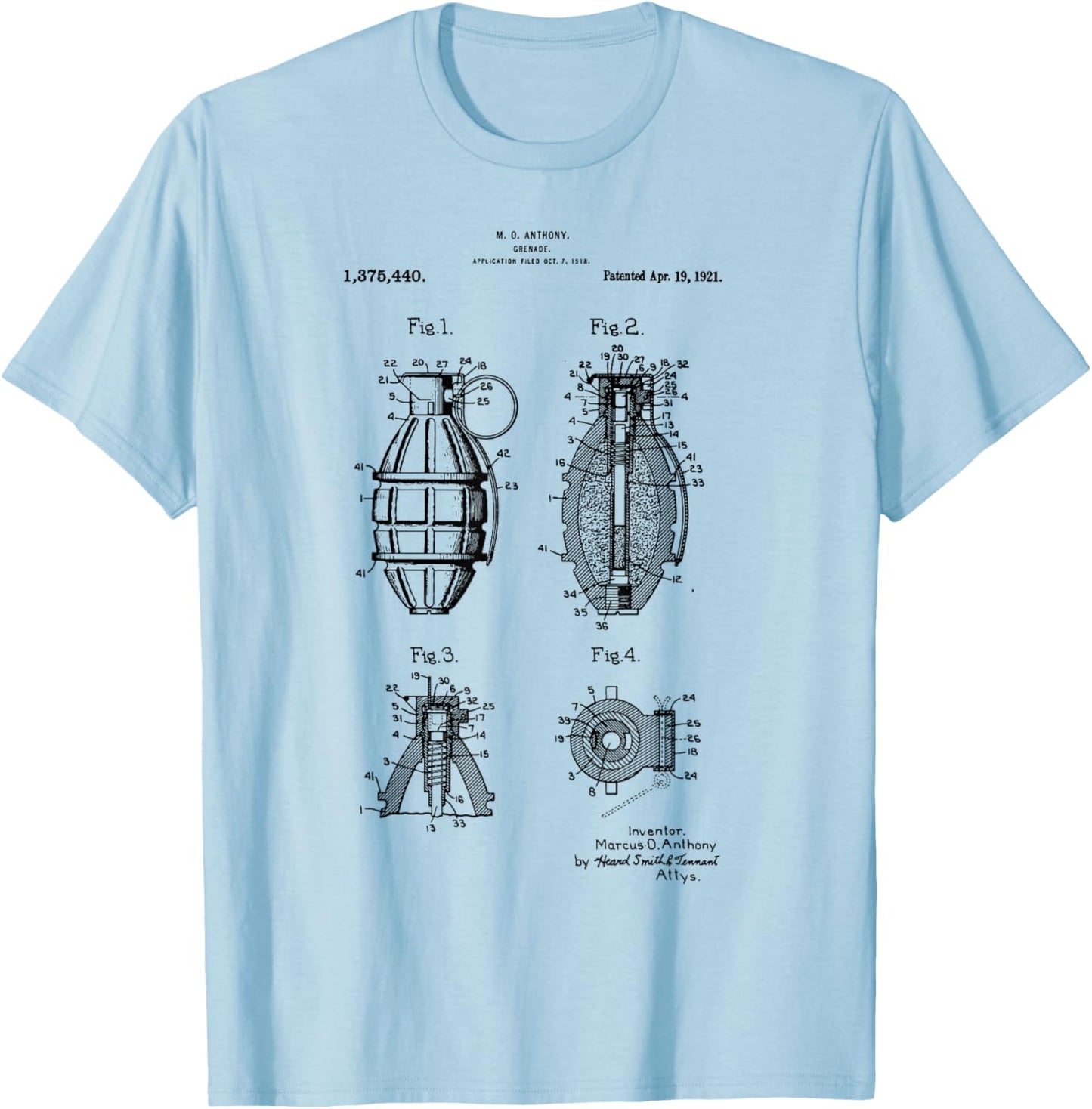 Weapon Gun Military Hand Grenade Patent 1918 Bomb T-Shirt - T-Shirt | Light Blue