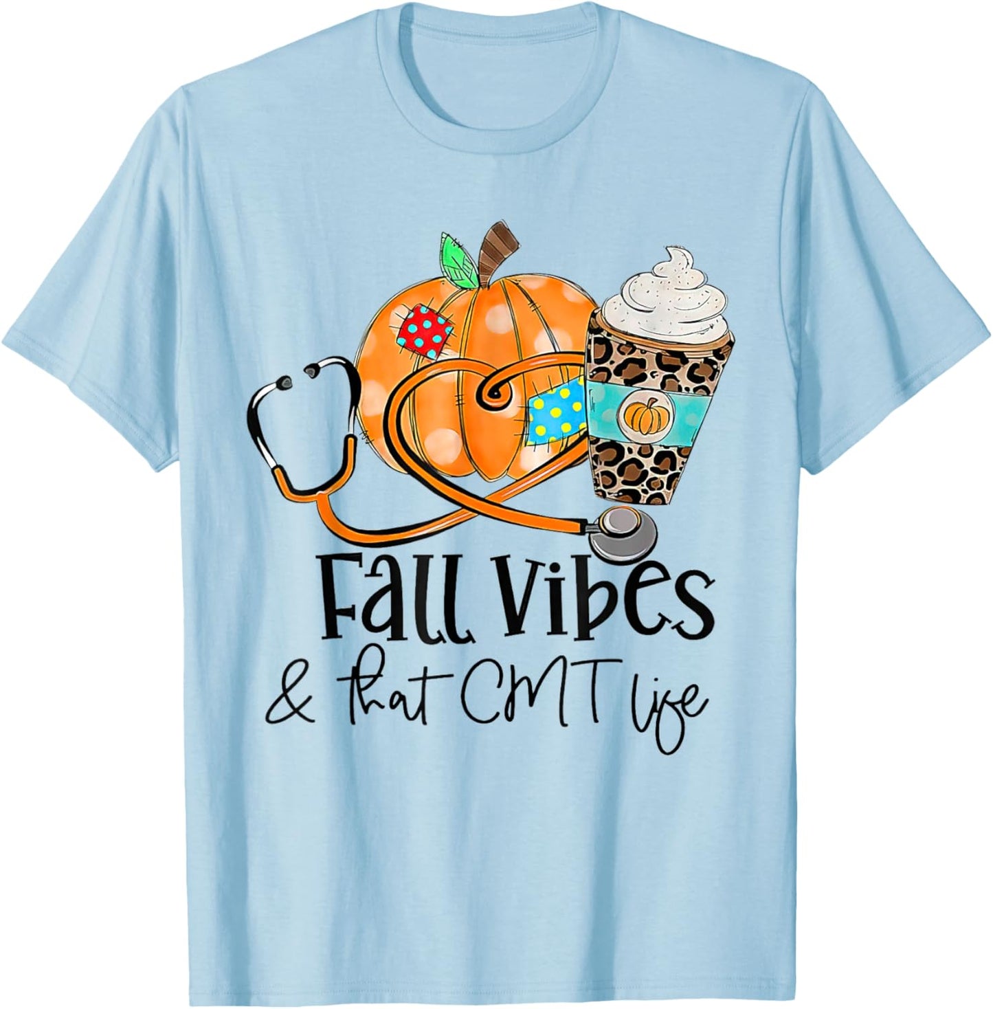 Fall Vibes And CMT Life Pumpkin Leopard Thanksgiving T-Shirt - T-Shirt | Light Blue