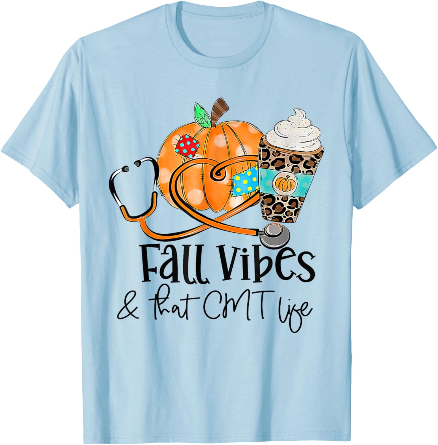 Fall Vibes And CMT Life Pumpkin Leopard Thanksgiving T-Shirt - T-Shirt | Light Blue