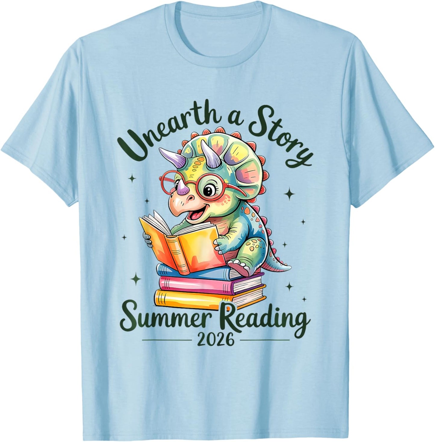 Unearth A Story Summer Reading 2026 Dinosaurs Men Women Kids T-Shirt - T-Shirt | Light Blue