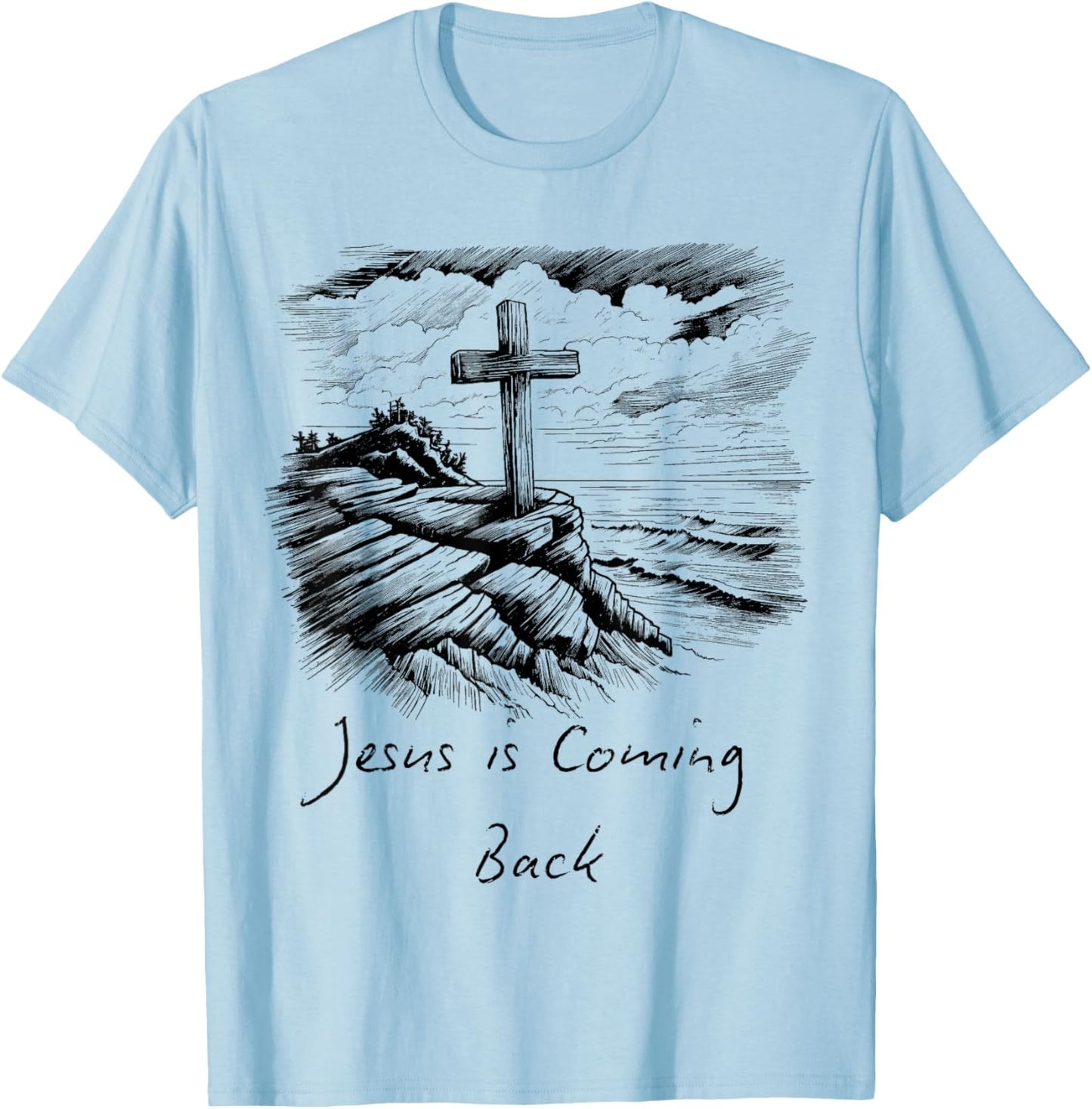 Jesus is coming Back sketch Drawing Cross Christian white T-Shirt - T-Shirt | Light Blue