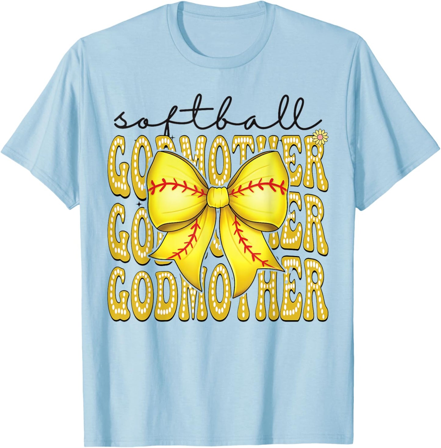 Softball GodMother Retro Softball Coquette Bow Groovy T-Shirt - T-Shirt | Light Blue