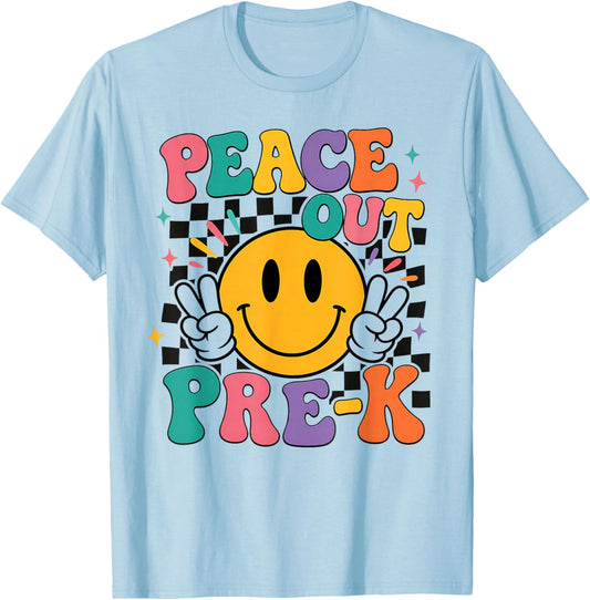 Peace Out Pre-K Retro Smile Teacher Kids Last Day of School T-Shirt - T-Shirt | Light Blue